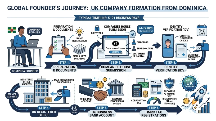 What are the practical steps and timeline to create a UK company from Dominica