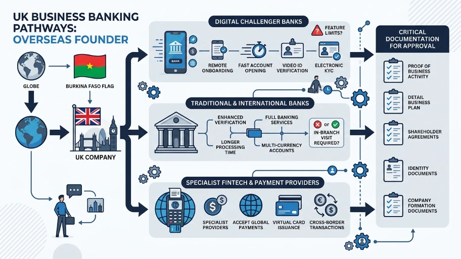What banking options exist for a UK company formed by a Burkina Faso resident