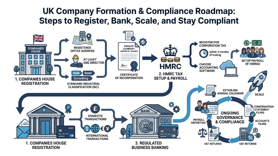 What steps register a UK company that banks, scales, and stays compliant