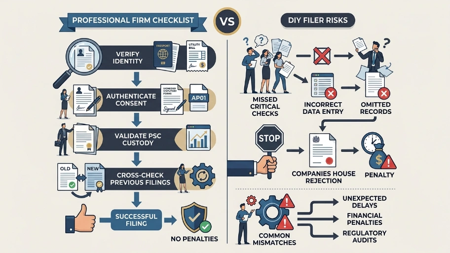 What verification steps do professionals typically perform that DIY filers miss