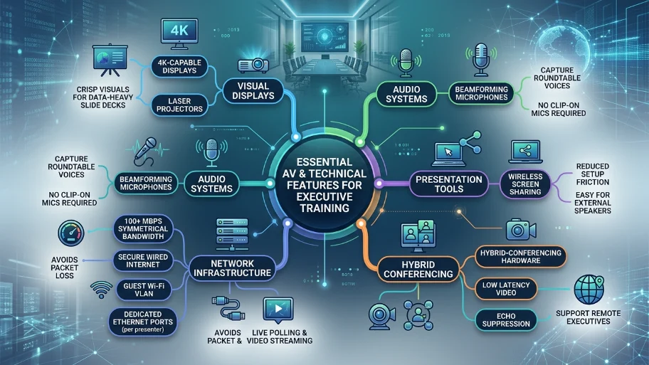 Which AV and technical features are essential for executive training