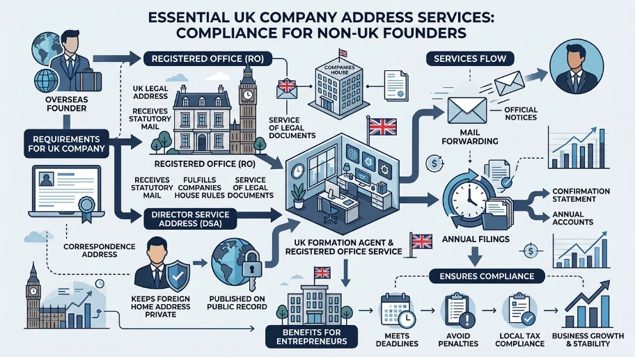 Which UK formation steps need a UK service address or agent