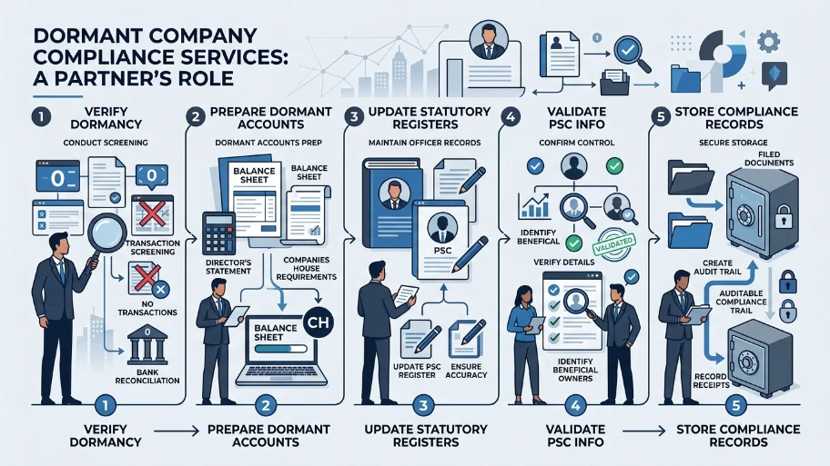 Which specific tasks does a partner perform for dormant companies
