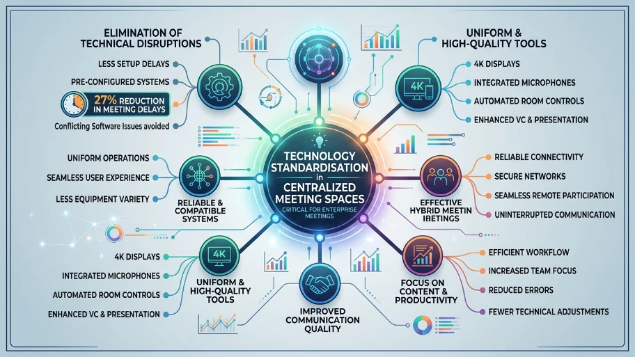 Why is technology standardisation critical in centralised meeting spaces