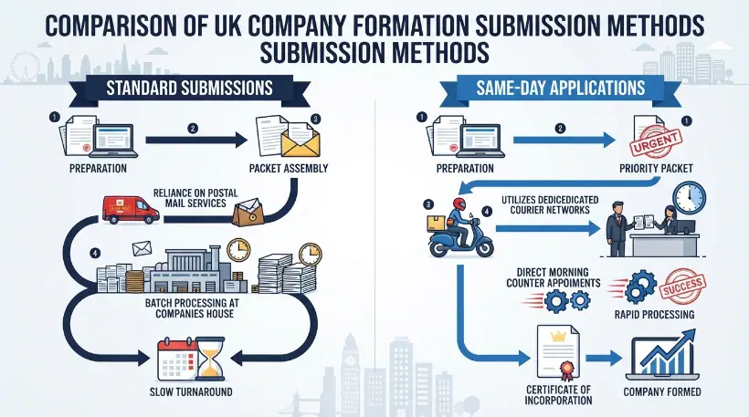 How does the submission process differ for standard and same-day applications