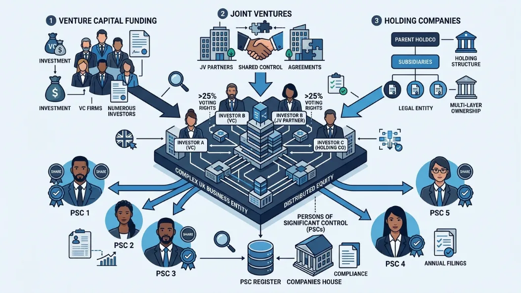 Why do complex corporate structures involve multiple PSCs?