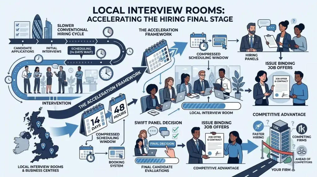 How do local interview rooms accelerate the bottom-of-funnel hiring stage?