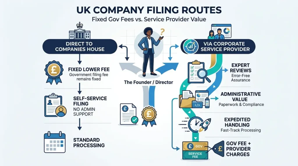 How do government fees compare to corporate service provider pricing