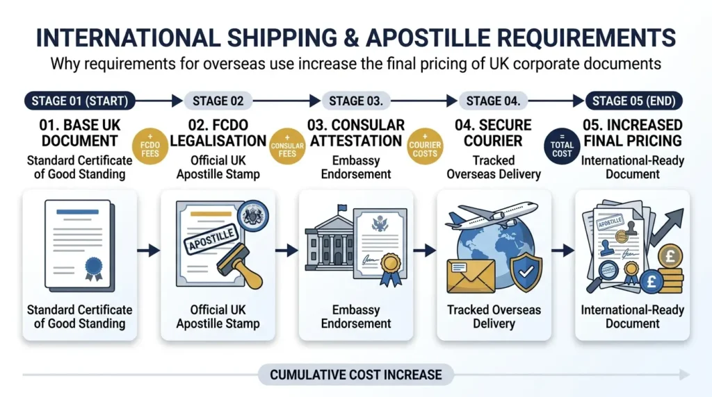 How do international shipping and apostille requirements alter final pricing
