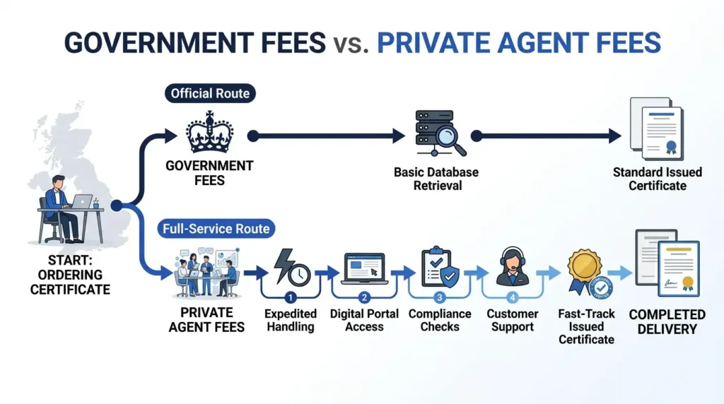 How do official government fees compare to private agent service charges
