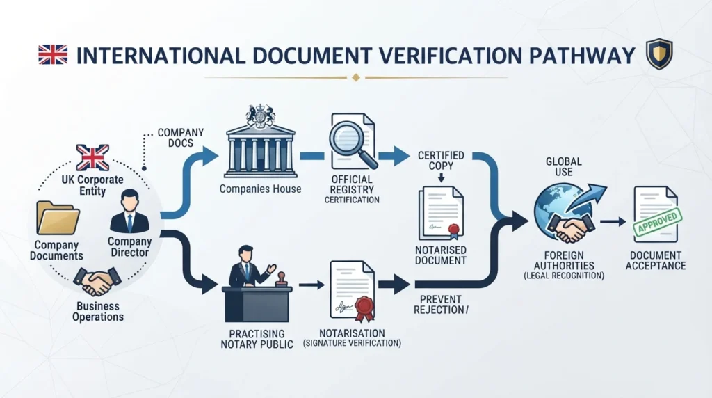 How do you verify company document authenticity for international use
