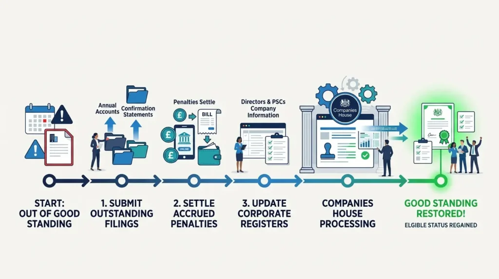 What Steps Restore Company Eligibility If Standing Is Lost