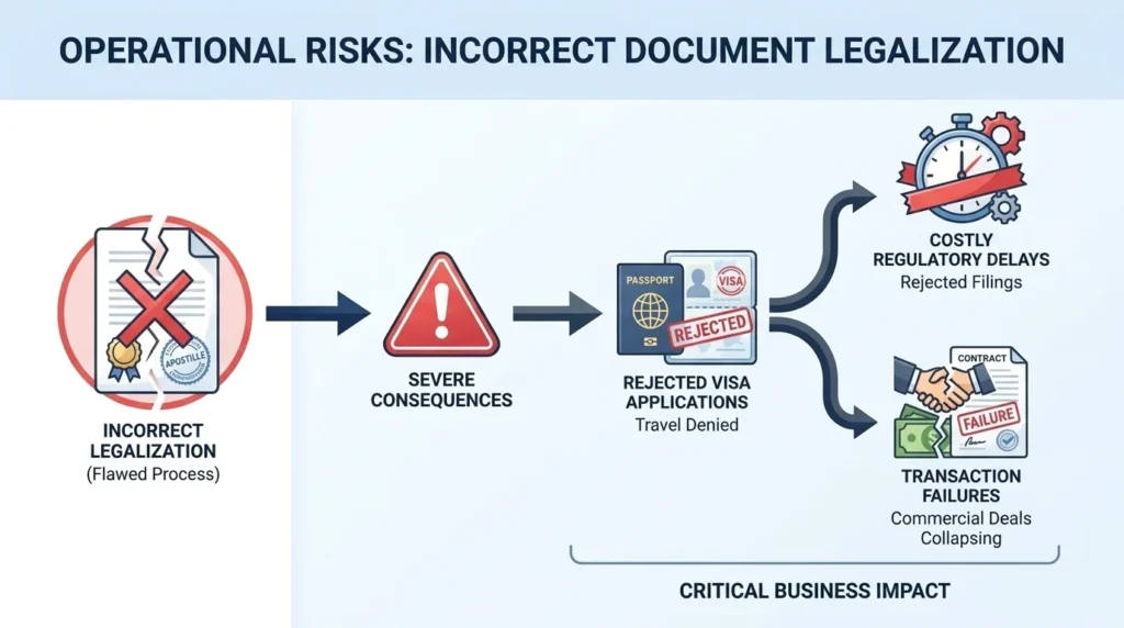 What operational risks arise from incorrect document legalisation